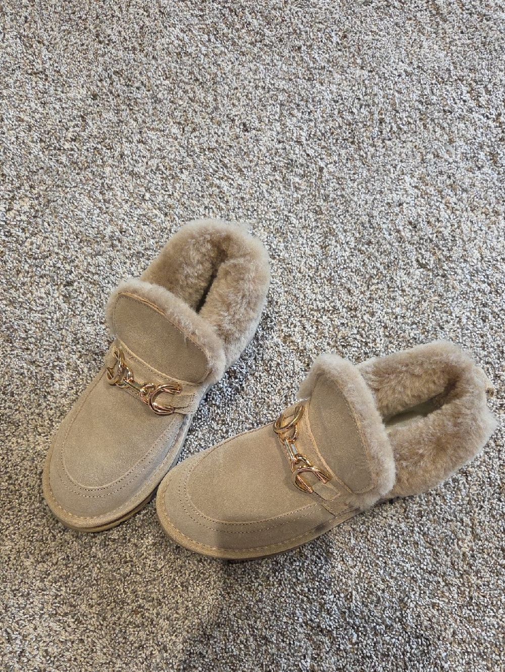 Women’s Tan Suede Shearling-Lined Slip-On Loafers with Gold Accent